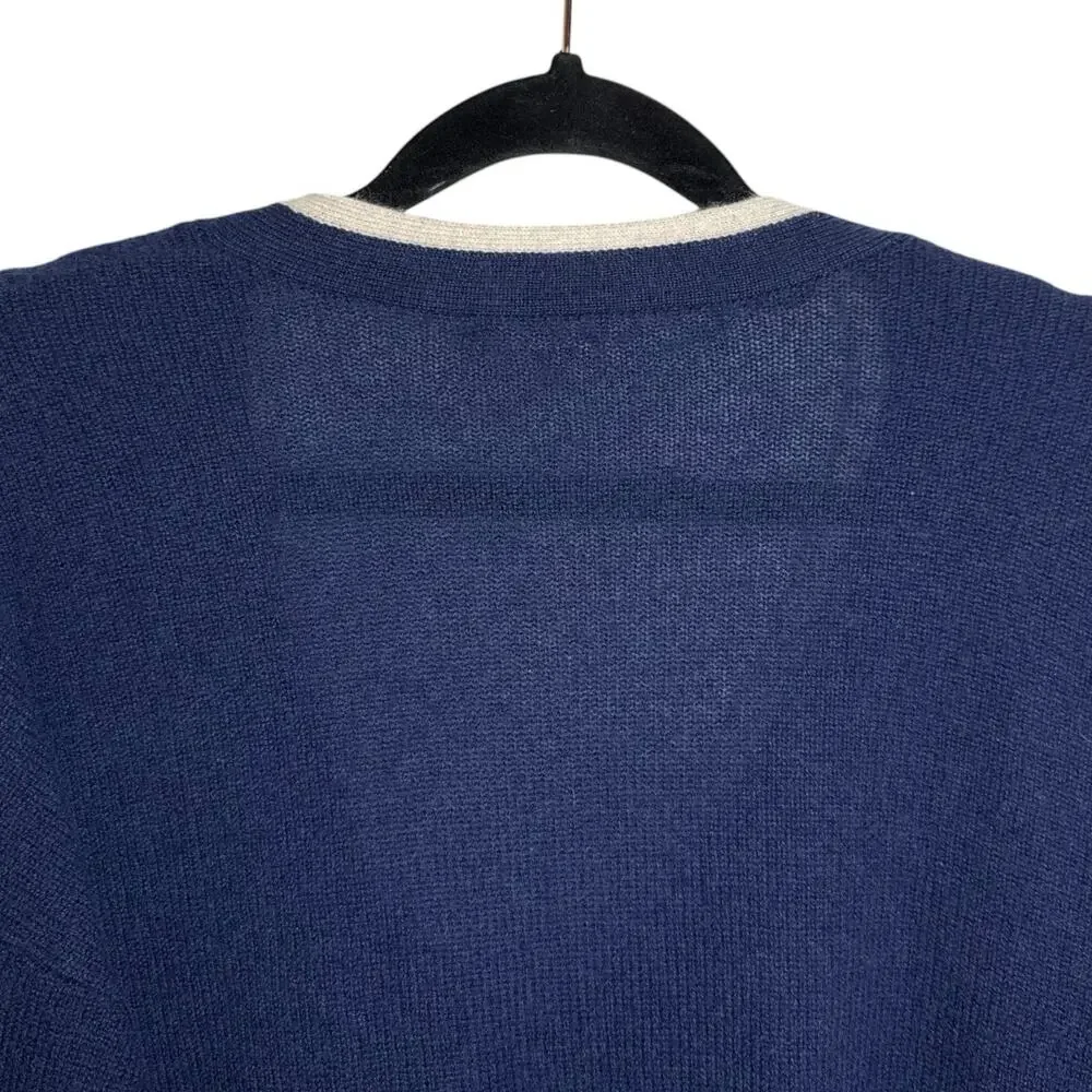 Veronica Beard Navy Blue Cream Trim Cashmere Preppy Cozy V Neck Sweater XS